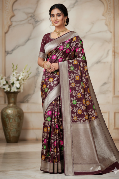 Mashru Silk Floral Jaal Mina Saree