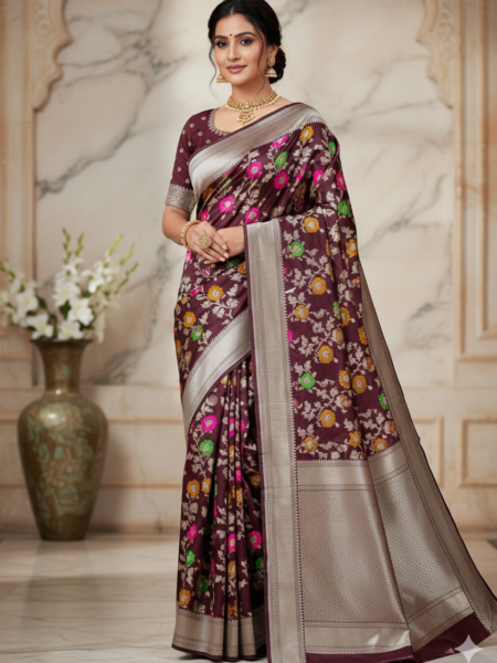 Mashru Silk Floral Jaal Mina Saree