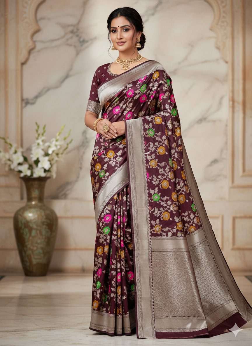 Mashru Silk Floral Jaal Mina Saree