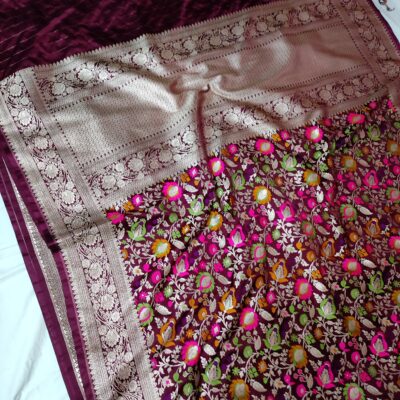Handwoven Banarasi Mashru Silk Saree with Gold Zari Meenakari Jaal & Heavy Floral Border