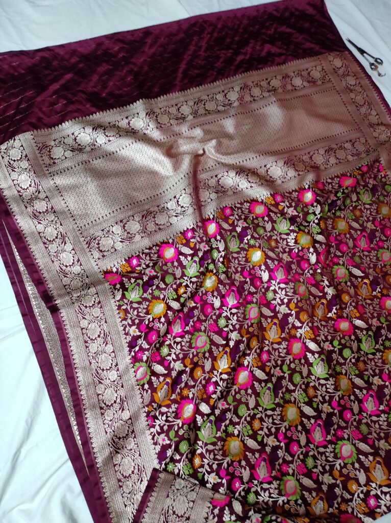 Handwoven Banarasi Mashru Silk Saree with Gold Zari Meenakari Jaal & Heavy Floral Border