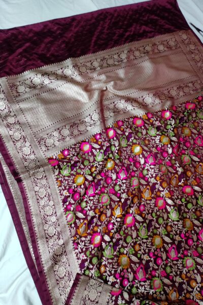 Handwoven Banarasi Mashru Silk Saree with Gold Zari Meenakari Jaal & Heavy Floral Border