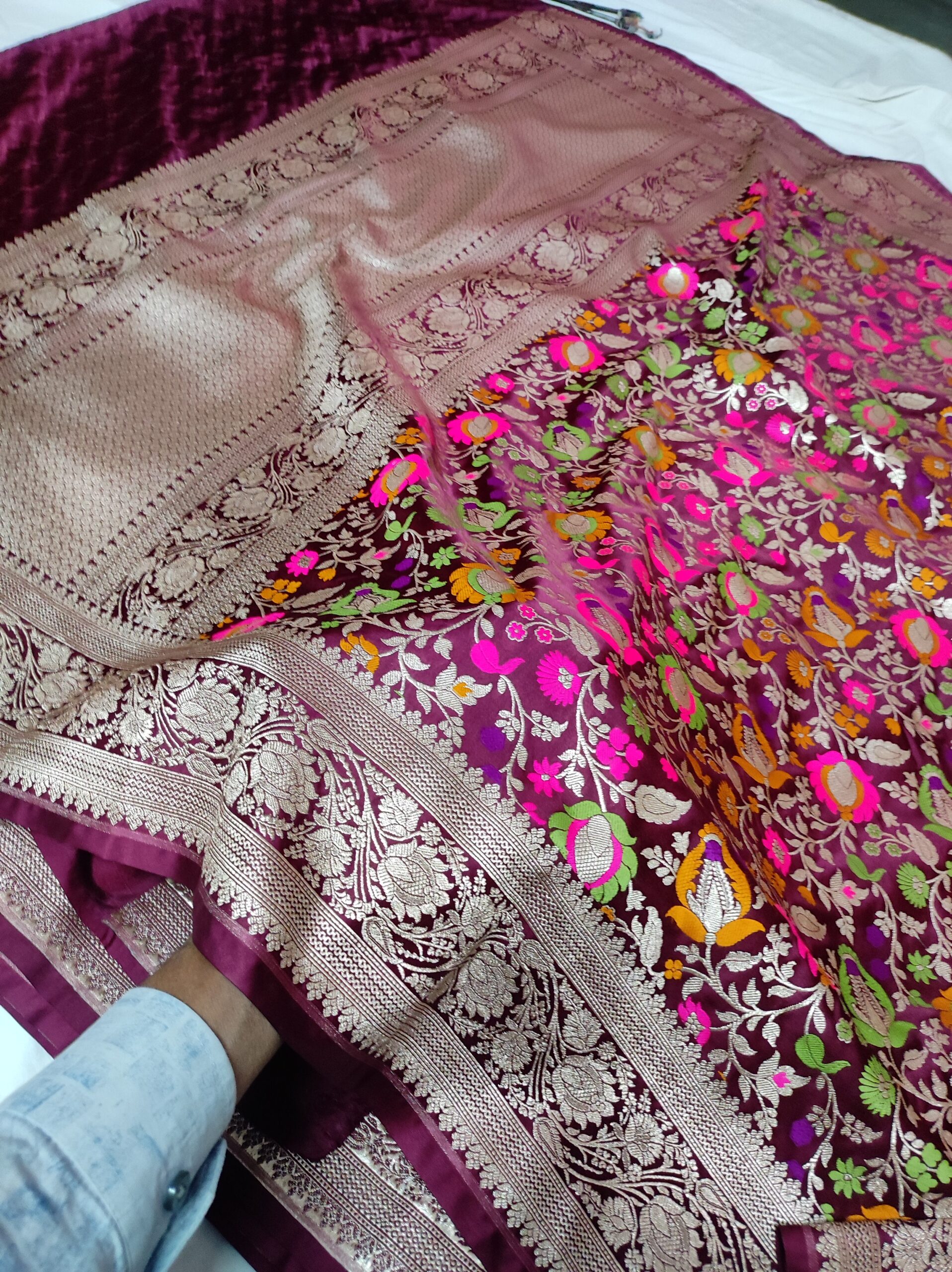 Handwoven Banarasi Mashru Silk Saree with Gold Zari Meenakari Jaal & Heavy Floral Border