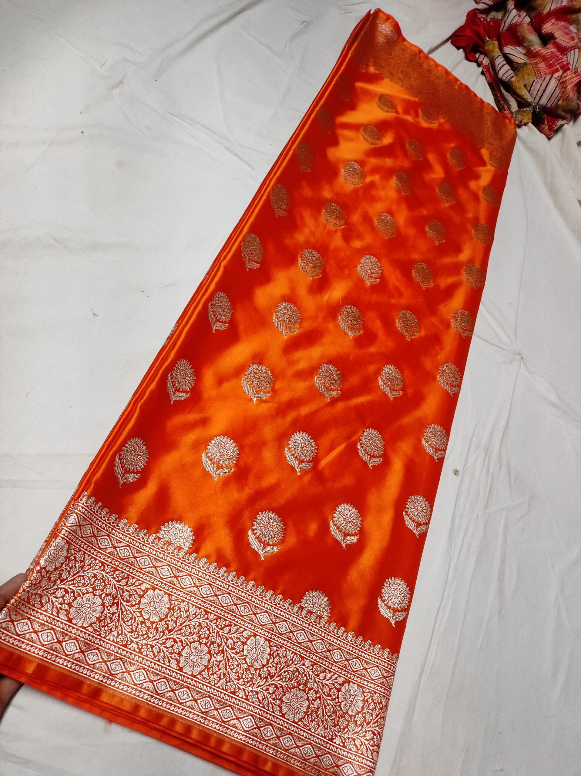 Banarasi Mashru Silk Saree with Gold Zari Floral Buta & Heavy Woven Border