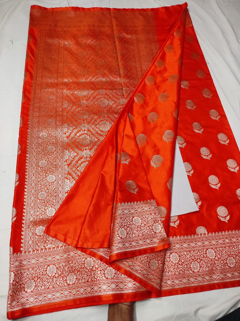 Banarasi Mashru Silk Saree with Gold Zari Floral Buta & Heavy Woven Border