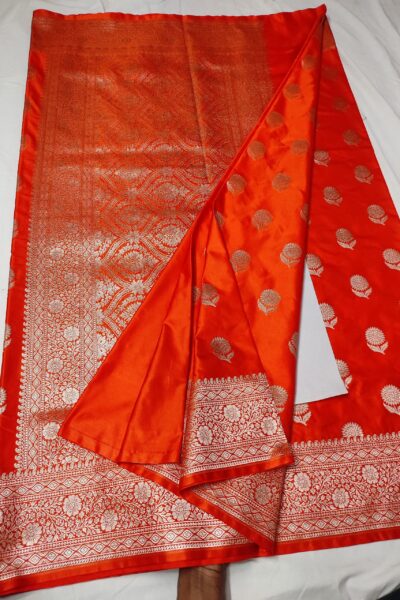 Banarasi Mashru Silk Saree with Gold Zari Floral Buta & Heavy Woven Border