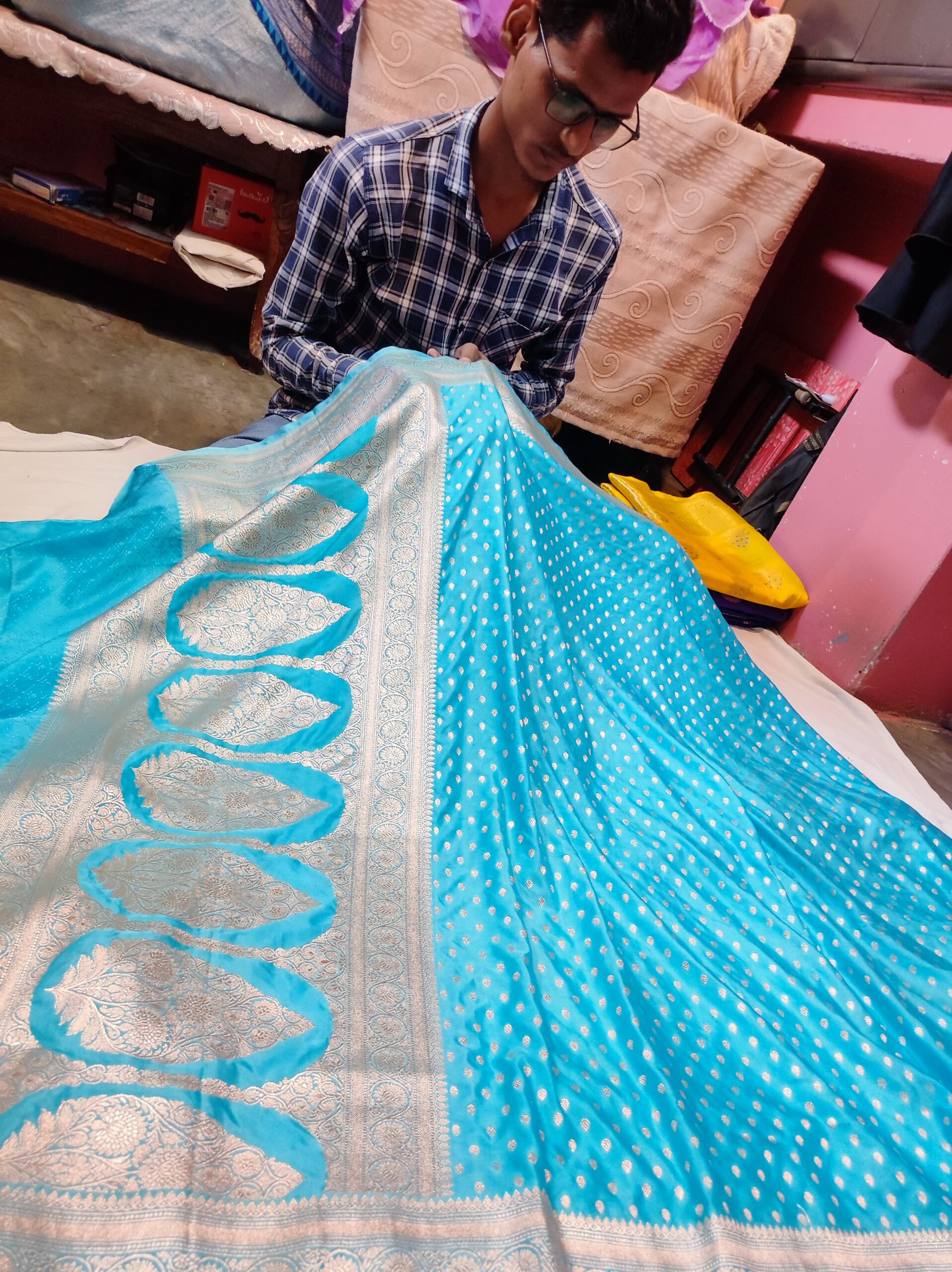 Banarasi Mashru Katan Silk Saree with Gold Zari Buti & Grand Paisley Pallu Banarasi Saree