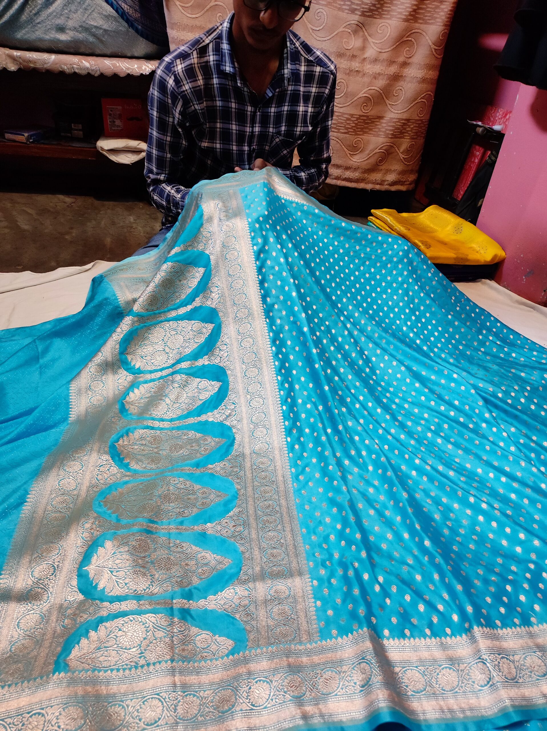 Banarasi Mashru Katan Silk Saree with Gold Zari Buti & Grand Paisley Pallu Banarasi Saree