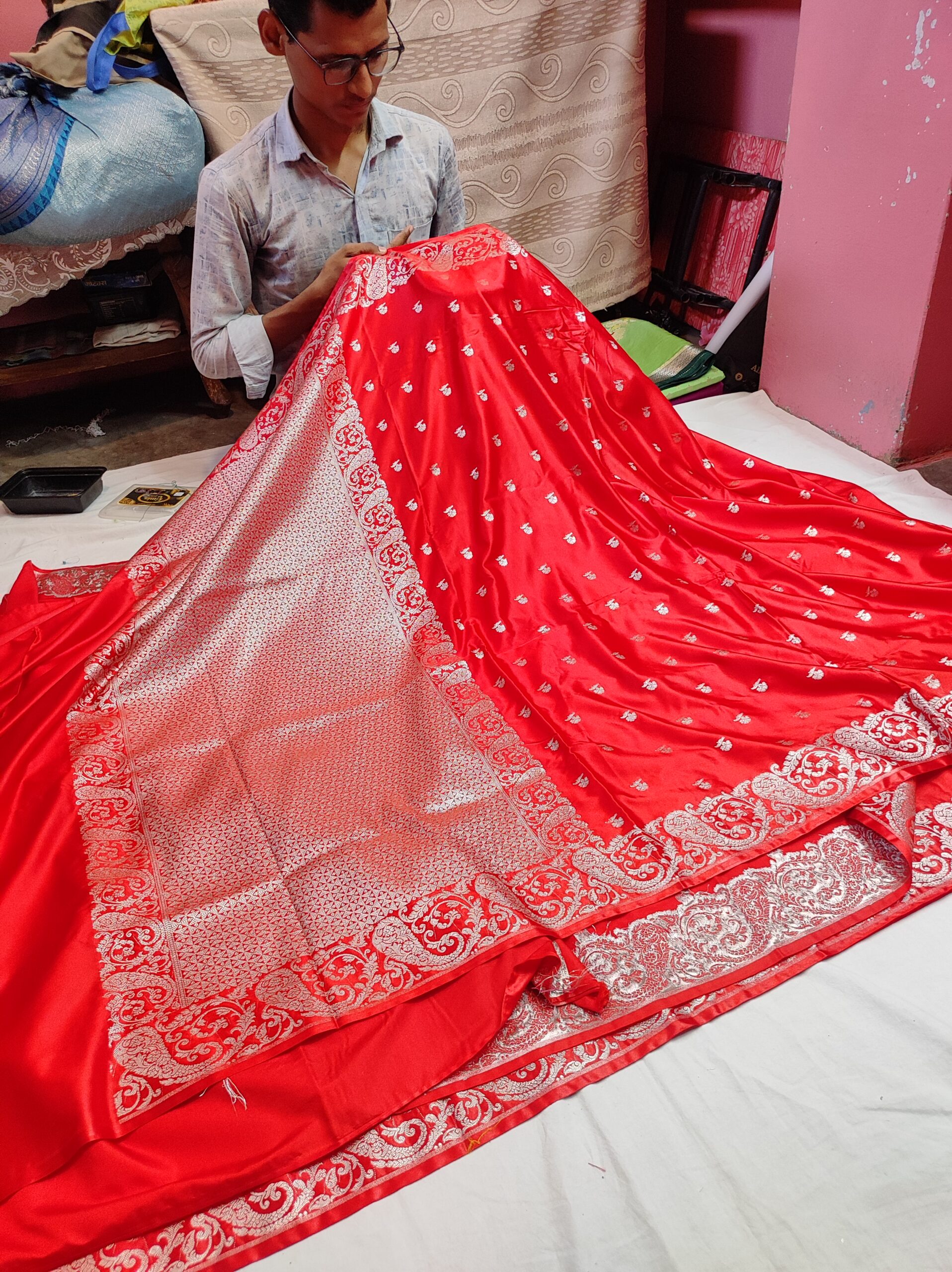 Banarasi Mashru Katan Silk Saree with Zari Buti, Rich Woven Pallu & Heavy Border