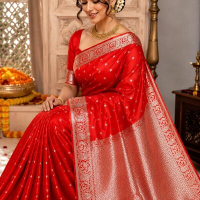 Banarasi Mashru Katan Silk Saree with Zari Buti, Rich Woven Pallu & Heavy Border