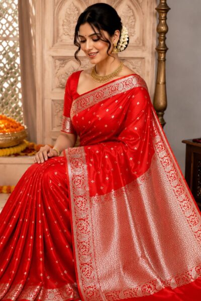 Banarasi Mashru Katan Silk Saree with Zari Buti, Rich Woven Pallu & Heavy Border