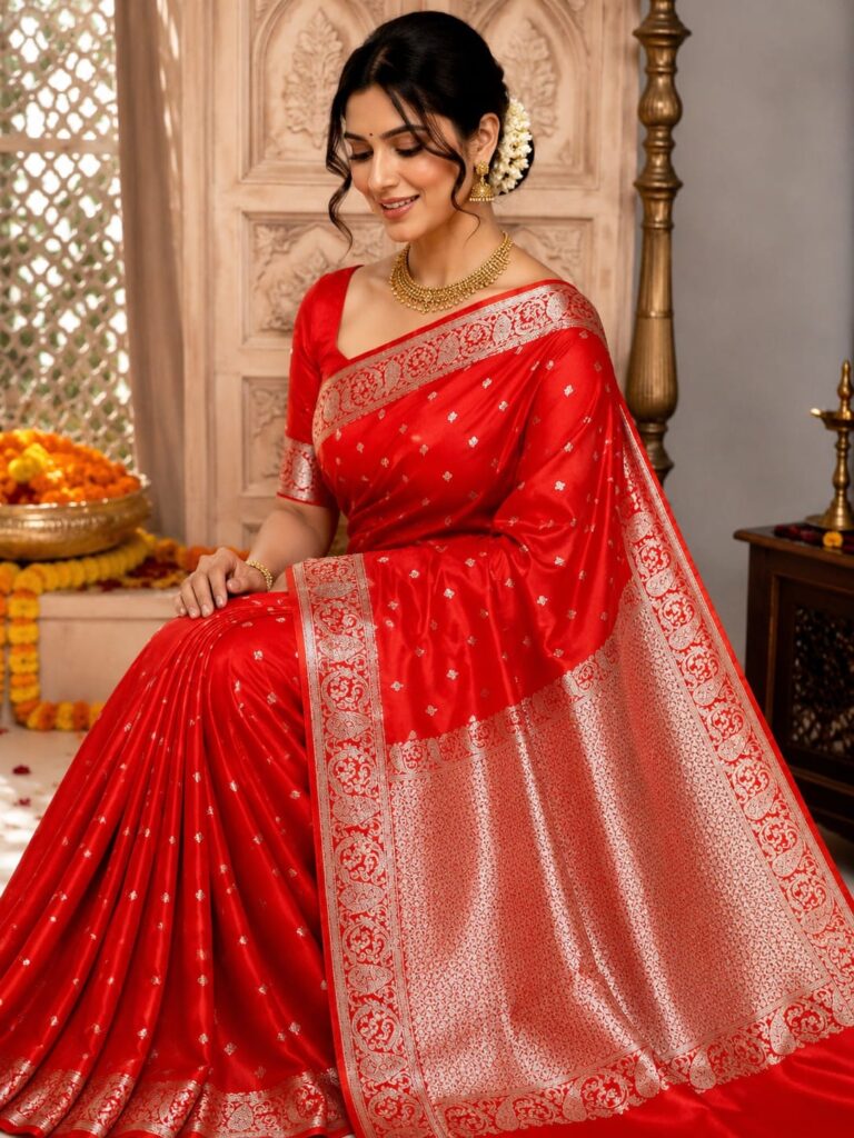 Banarasi Mashru Katan Silk Saree with Zari Buti, Rich Woven Pallu & Heavy Border