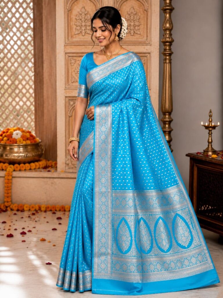 Banarasi Mashru Katan Silk Saree with Gold Zari Buti & Grand Paisley Pallu Banarasi Saree