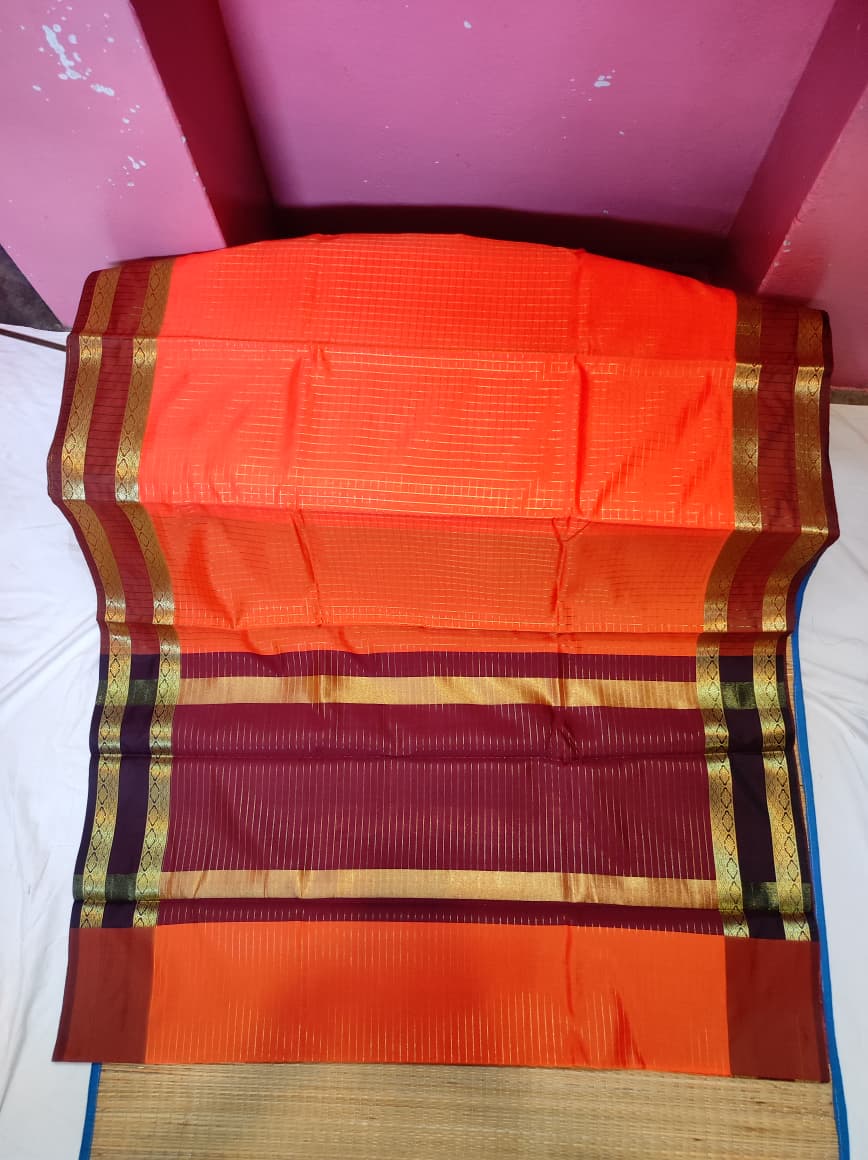 Banarasi Soft Silk Checks Saree with Rich Gold Zari Border – Bright Orange & Wine