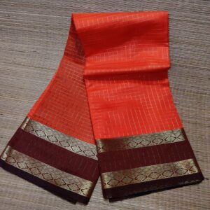 Banarasi Soft Silk Checks Saree with Rich Gold Zari Border – Bright Orange & Wine
