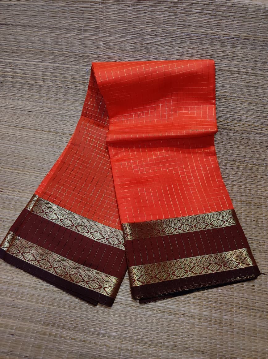 Banarasi Soft Silk Checks Saree with Rich Gold Zari Border – Bright Orange & Wine