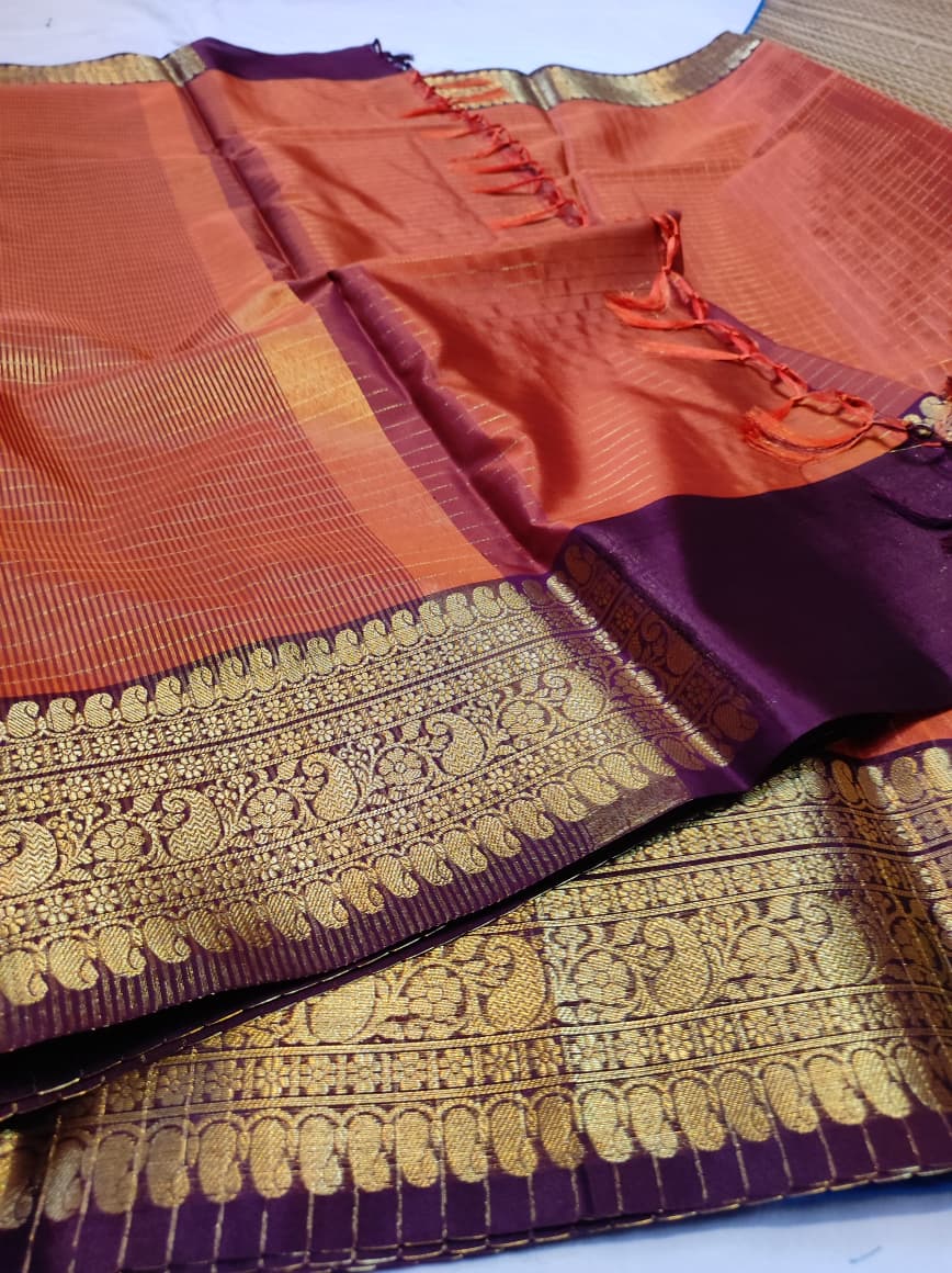 Banarasi Soft Silk Checks Saree with Rich Gold Zari Border – Rust Orange & Wine