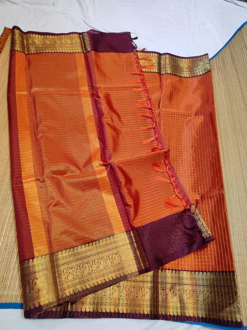 Banarasi Soft Silk Checks Saree with Rich Gold Zari Border – Rust Orange & Wine