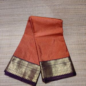 Banarasi Soft Silk Checks Saree with Rich Gold Zari Border – Rust Orange & Wine