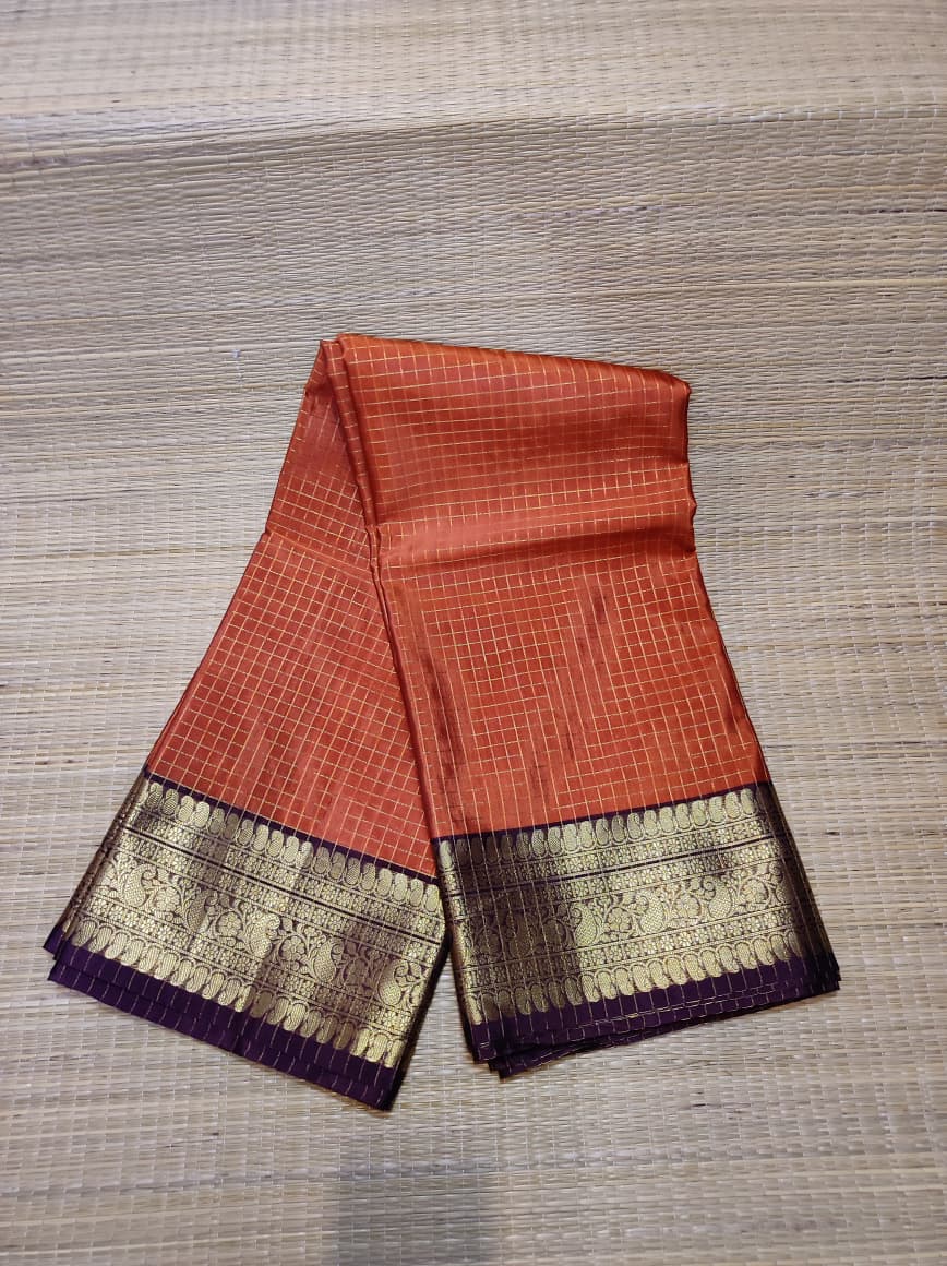 Banarasi Soft Silk Checks Saree with Rich Gold Zari Border – Rust Orange & Wine