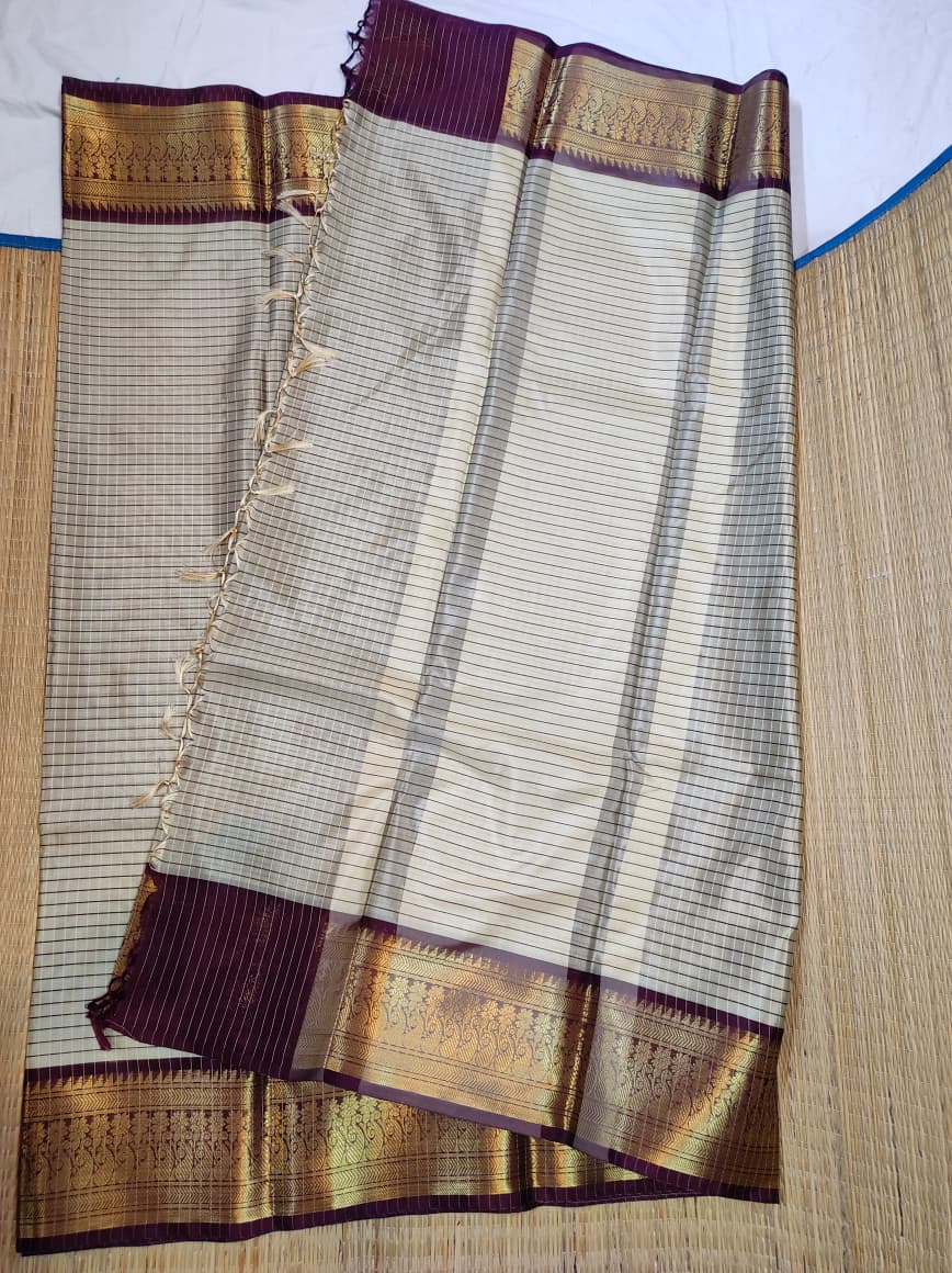 Banarasi Soft Silk Checks Saree with Rich Gold Zari Border – Ivory Cream & Maroon