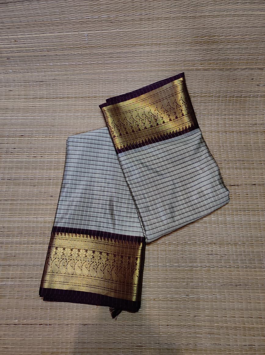 Banarasi Soft Silk Checks Saree with Rich Gold Zari Border – Ivory Cream & Maroon