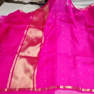 Banarasi Pure Kora Handloom Saree | Pink Zari Buti & Brocade Pallu