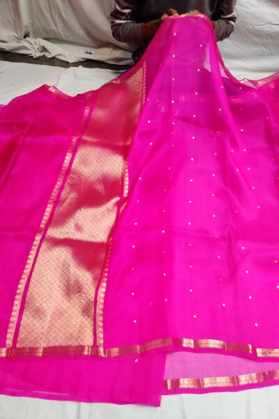 Banarasi Pure Kora Handloom Saree | Pink Zari Buti & Brocade Pallu