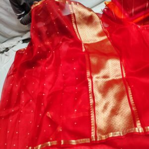 Banarasi Pure Kora Handloom Saree | Red Zari Buti & Brocade Pallu