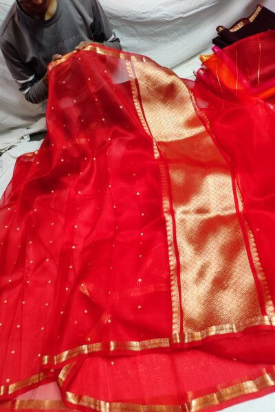 Banarasi Pure Kora Handloom Saree | Red Zari Buti & Brocade Pallu