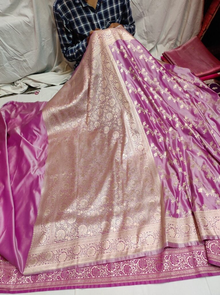 Banarasi Mushru Katan Soft Silk Saree with Gold Zari Floral Buti | Wedding & Festive Wear | Running Blouse