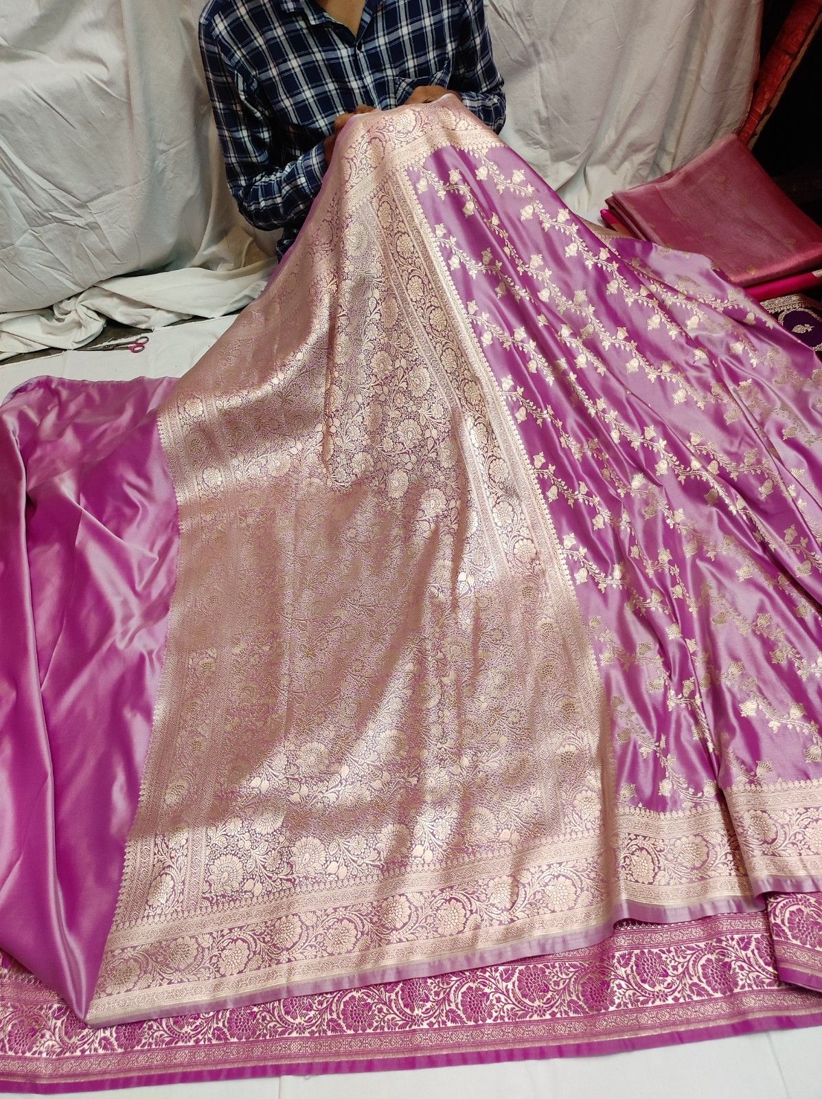 Banarasi Mushru Katan Soft Silk Saree with Gold Zari Floral Buti | Wedding & Festive Wear | Running Blouse