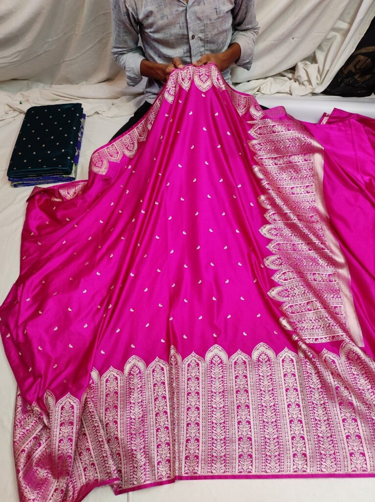 Banarasi Mashru Katan Saree – Mehraab Design with Plain Running Blouse