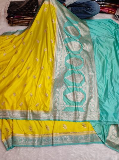 Banarasi Mashru Katan Silk Yellow Saree with Turquoise Contrast Border
