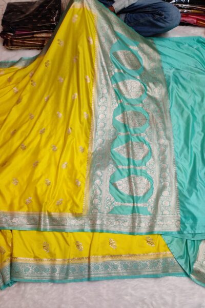 Banarasi Mashru Katan Silk Yellow Saree with Turquoise Contrast Border