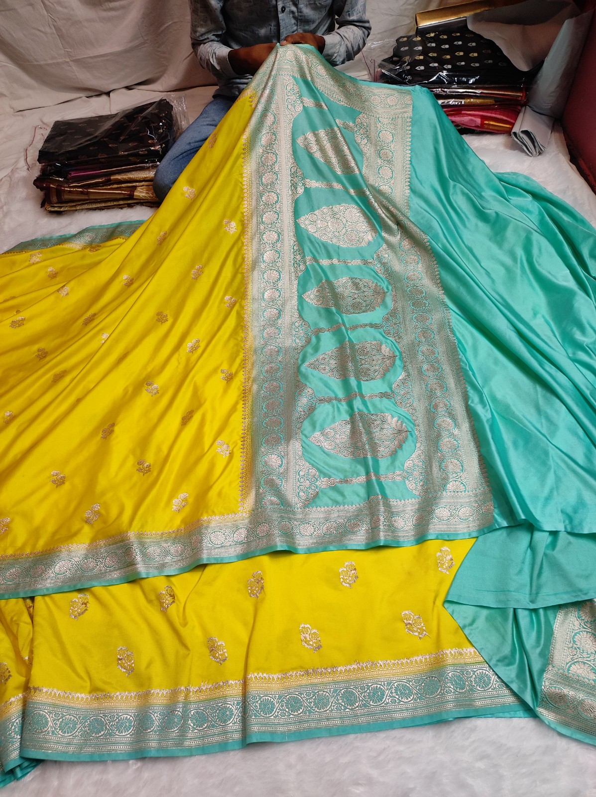 Banarasi Mashru Katan Silk Yellow Saree with Turquoise Contrast Border