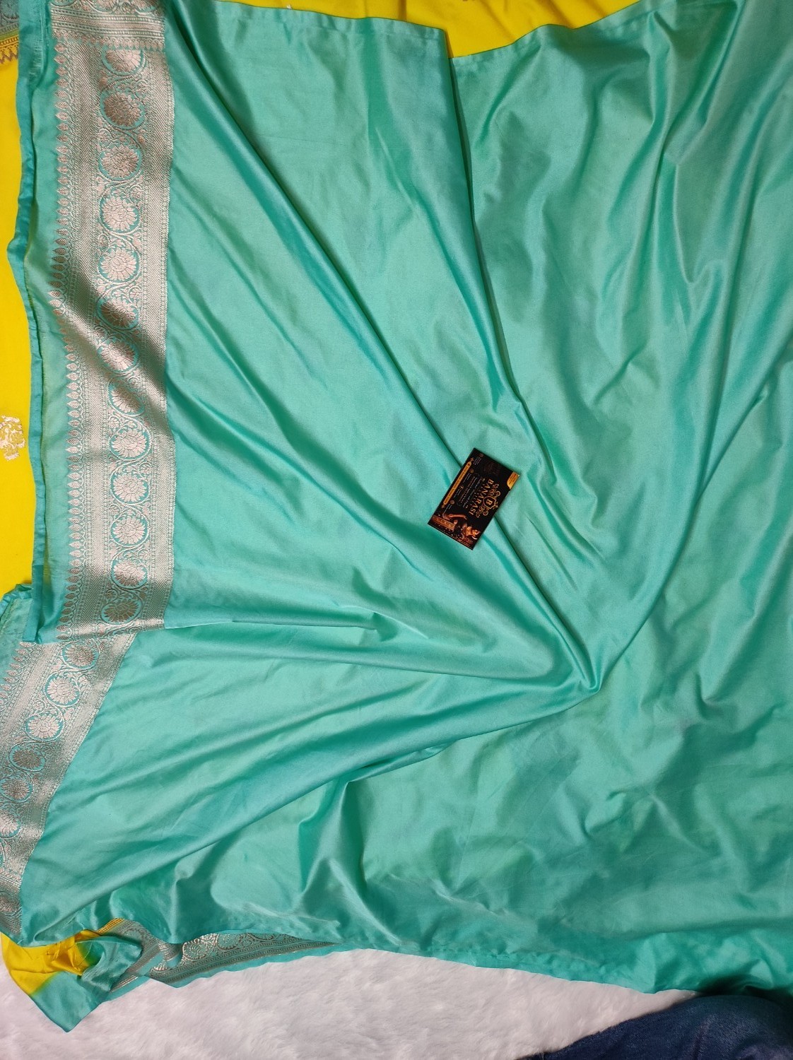 Banarasi Mashru Katan Silk Yellow Saree with Turquoise Contrast Border