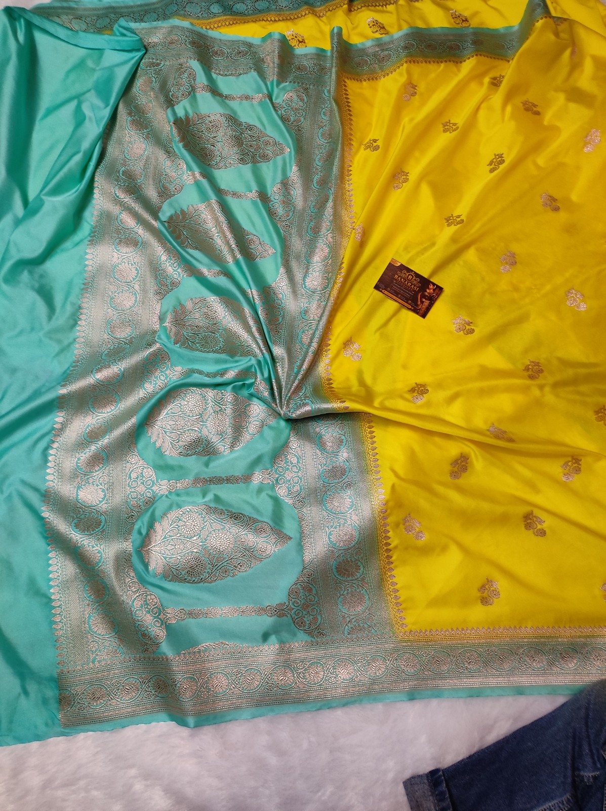 Banarasi Mashru Katan Silk Yellow Saree with Turquoise Contrast Border