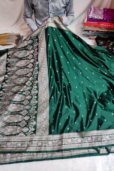 Banarasi Mashru Katan Silk Saree with Gold Zari | Bottel Green Banarasi Saree