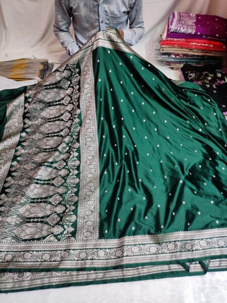 Banarasi Mashru Katan Silk Saree with Gold Zari | Bottel Green Banarasi Saree