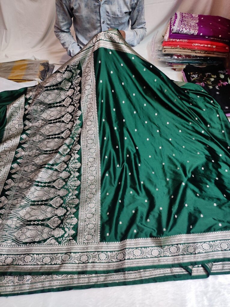 Banarasi Mashru Katan Silk Saree with Gold Zari | Bottel Green Banarasi Saree