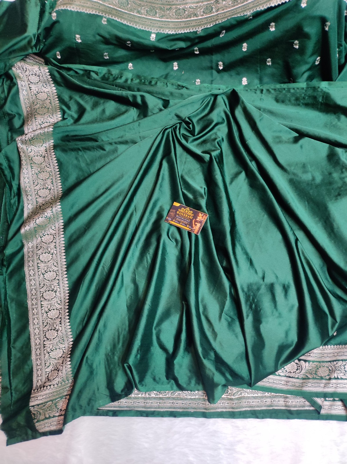 Banarasi Mashru Katan Silk Saree with Gold Zari | Bottel Green Banarasi Saree