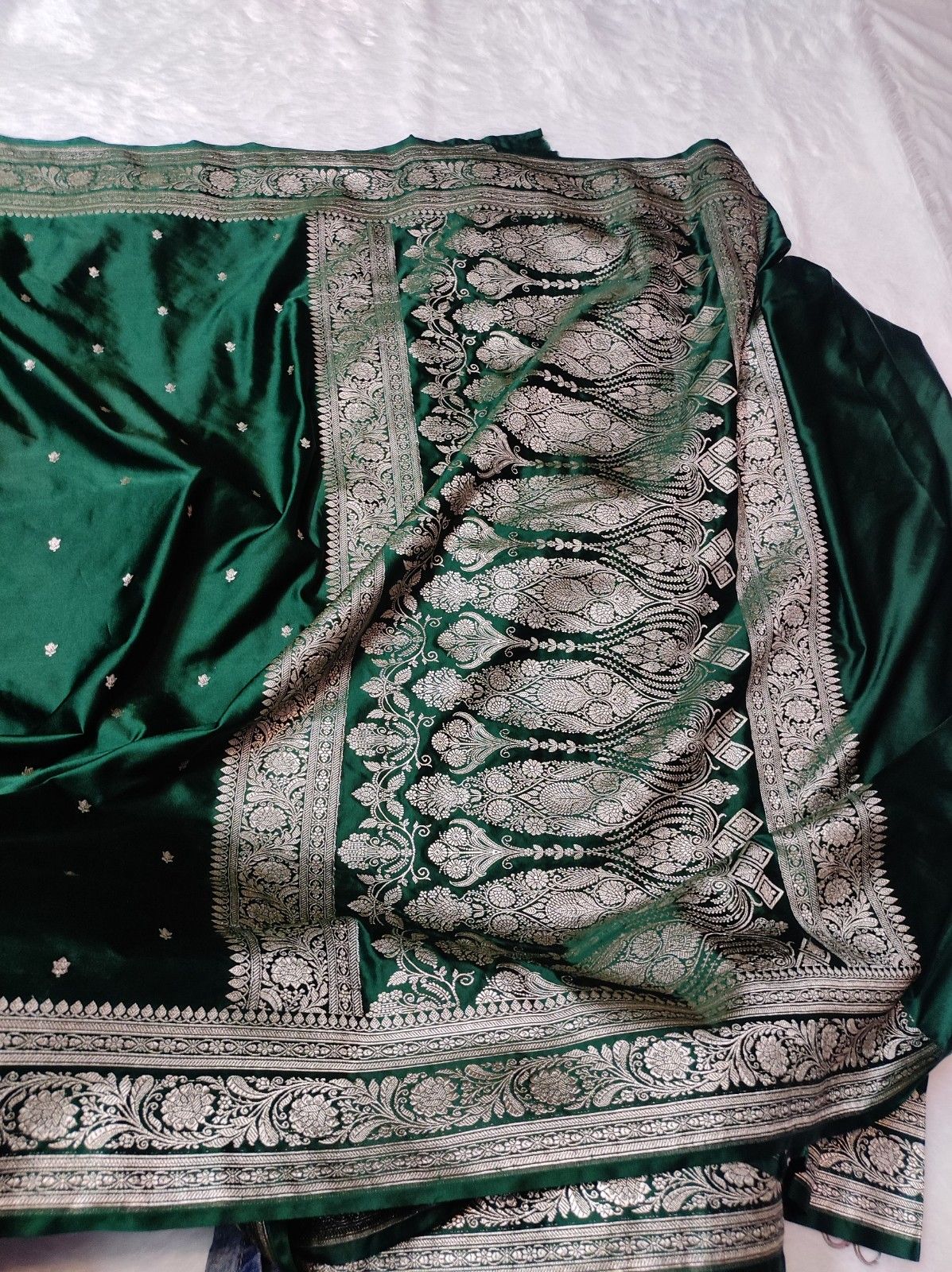 Banarasi Mashru Katan Silk Saree with Gold Zari | Bottel Green Banarasi Saree