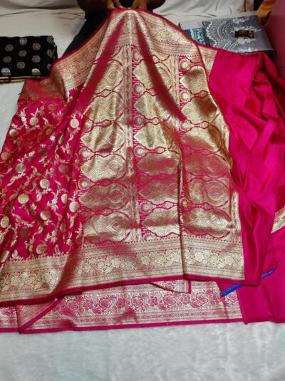 Banarasi Satin Katan Silk Saree Pink | Gold Zari Weaving | Plain Blouse with Border