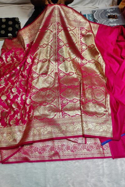 Banarasi Satin Katan Silk Saree Pink | Gold Zari Weaving | Plain Blouse with Border