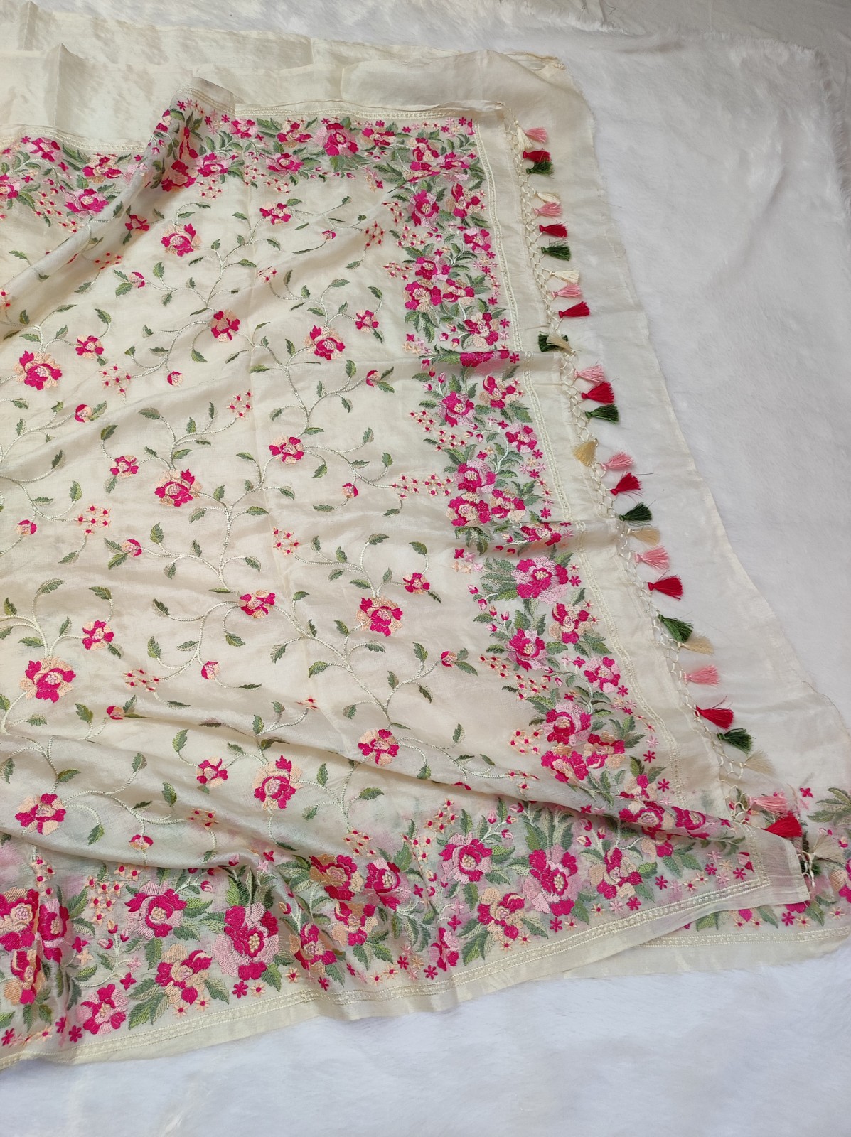 Banarasi Pure Tussar Silk Saree with Floral Embroidery Work