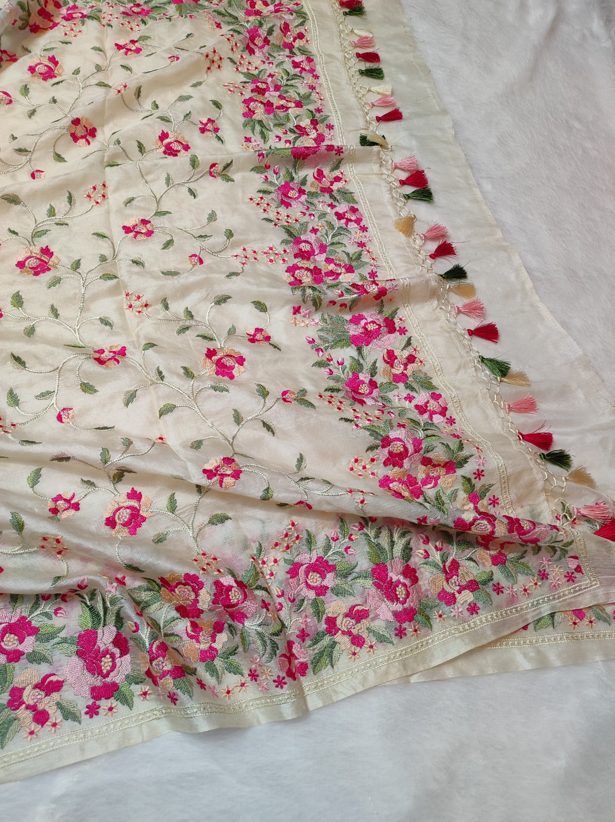 Banarasi Pure Tussar Silk Saree with Floral Embroidery Work