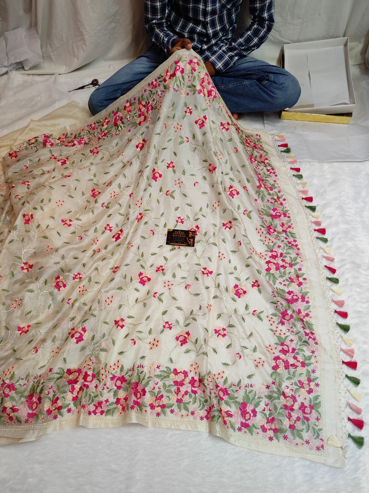 Banarasi Pure Tussar Silk Saree with Floral Embroidery Work