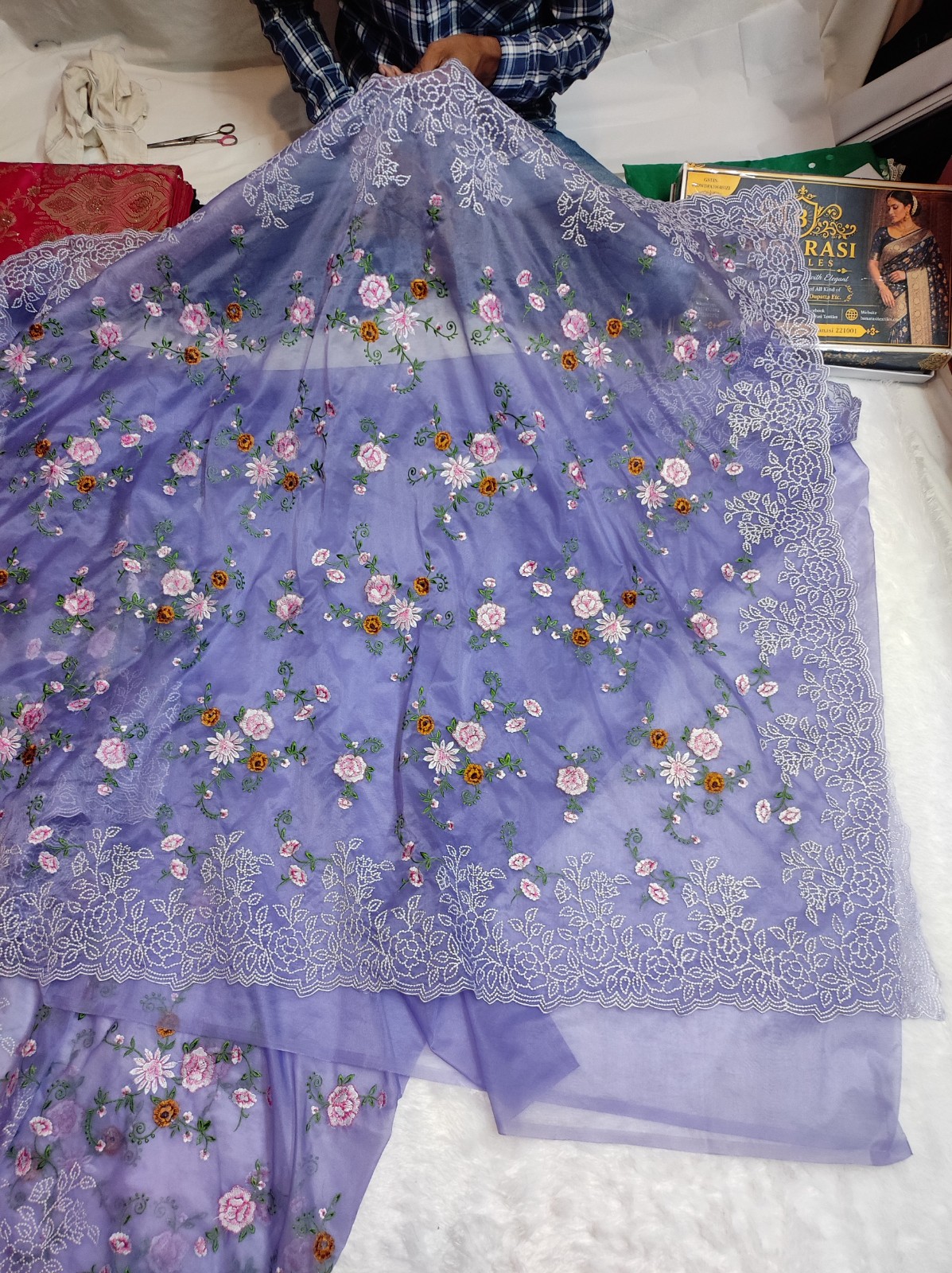 Banarasi Semi Kora Organza Lavender Saree | Meena Embroidery Floral Jaal