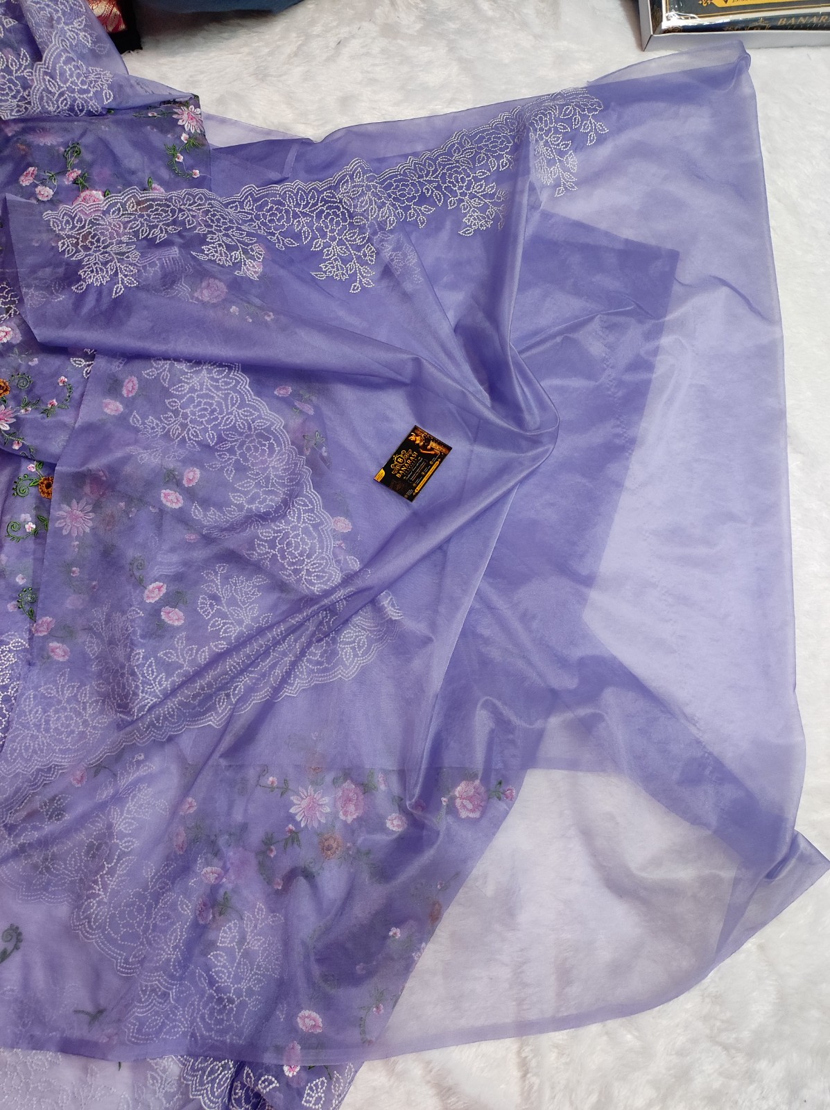 Banarasi Semi Kora Organza Lavender Saree | Meena Embroidery Floral Jaal